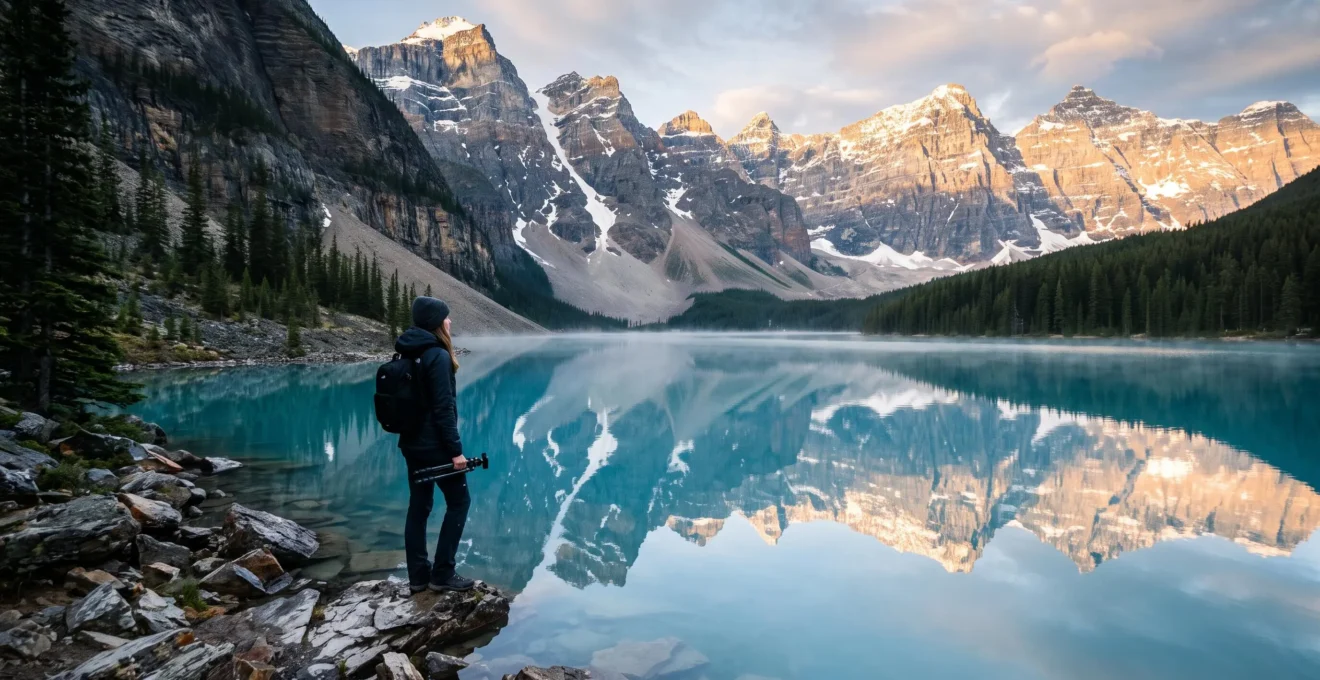 Photographe voyageur au bord d'un lac canadien turquoise à l'aube, entouré de montagnes et de forêts de conifères