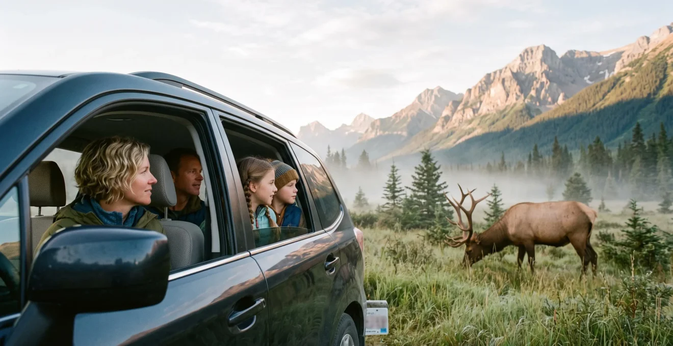 Une famille observe prudemment un wapiti depuis la sécurité de leur véhicule sur une route panoramique des Rocheuses canadiennes au lever du soleil